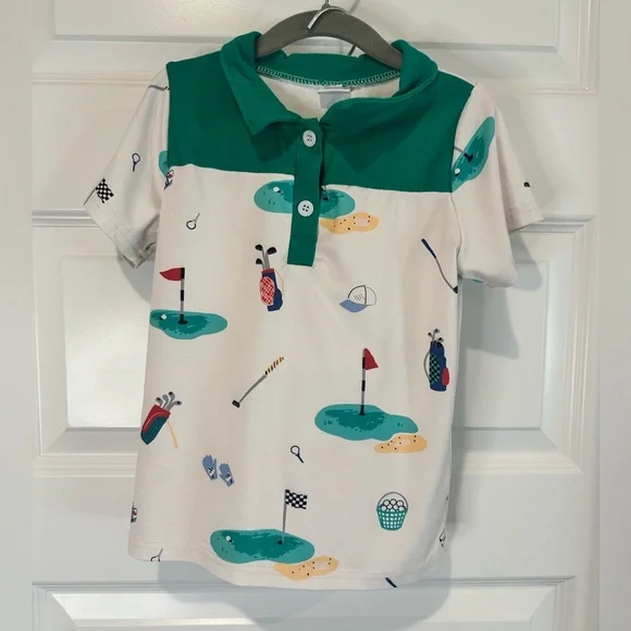 Kids Green Golf Print Shirt and Shorts Set - EUC - Picture 2 of 5